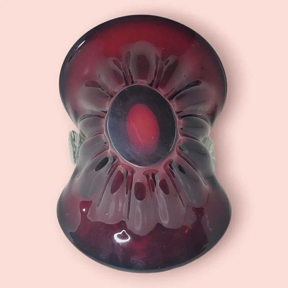 Ruby Red Hand Blown Art Glass Basket Applied‎ Handle Clear Ground Base